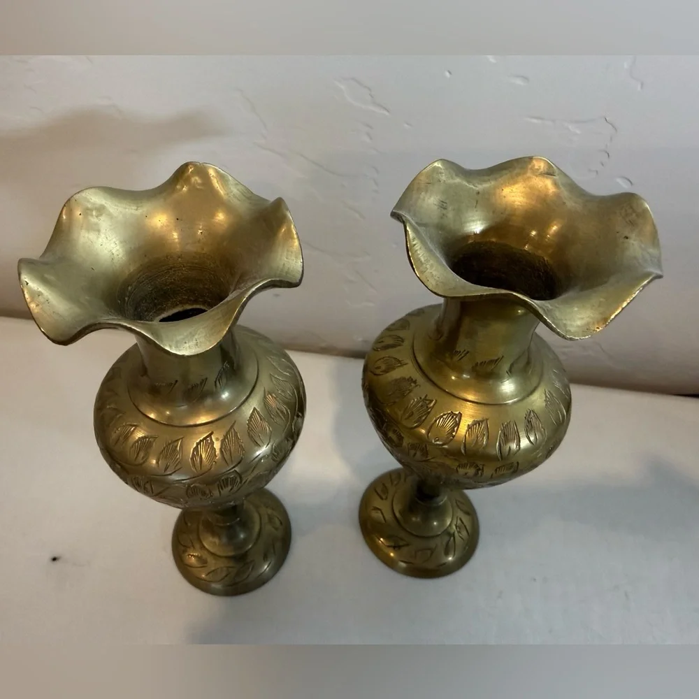 Vintage Pair of 2 Solid Brass Etched Floral Scalloped Vases signed Made in India